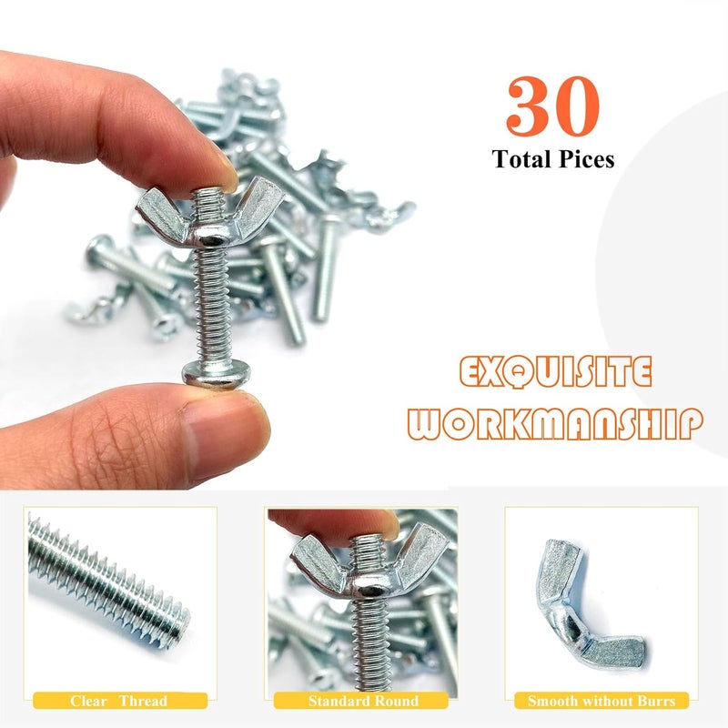 Matrelt 30Pack 1/4"-20 x1-1/4 Screw Bolts and Wing Nut Kit 15pcs Machine Screws with Round Head Phillips 15pcs Butterfly Hand Twist Tighten Nut Zinc Plated Hardware Fitting Fastenings Assortment Kit - Image 4